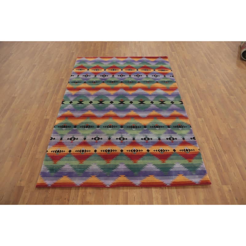 Hand-knotted Tribal Wool Multi-Colored Geometric Oriental Area Rug - 9' 0'' X 6' 1''