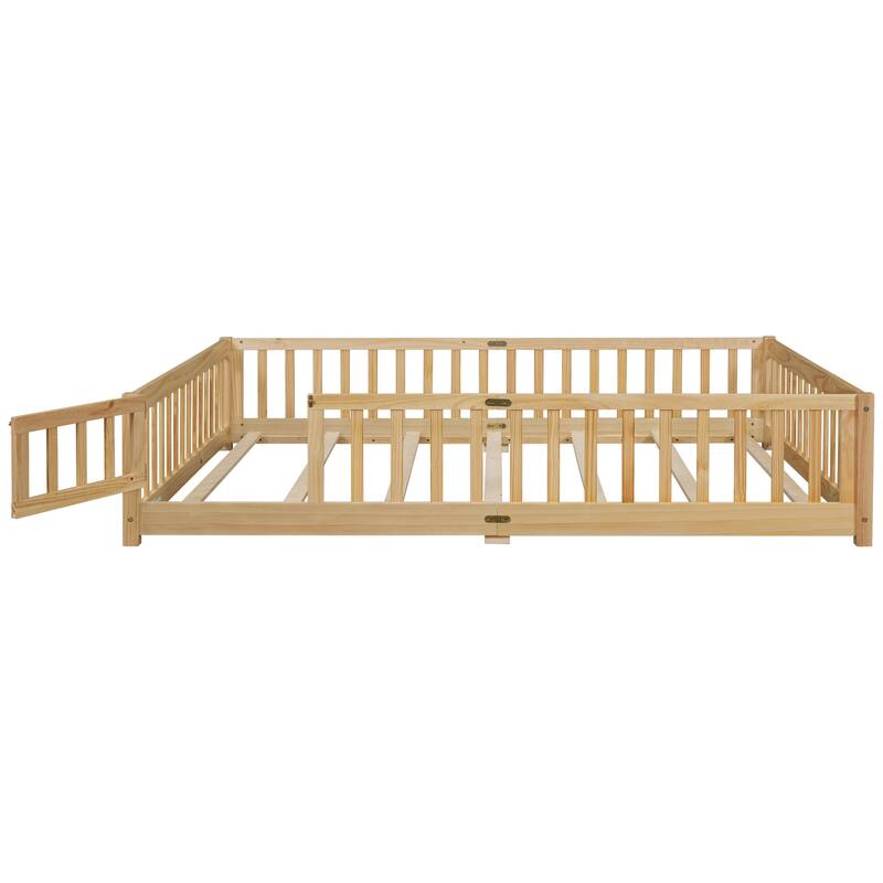 Queen size Floor Platform Bed with Fence Guardrails and Door