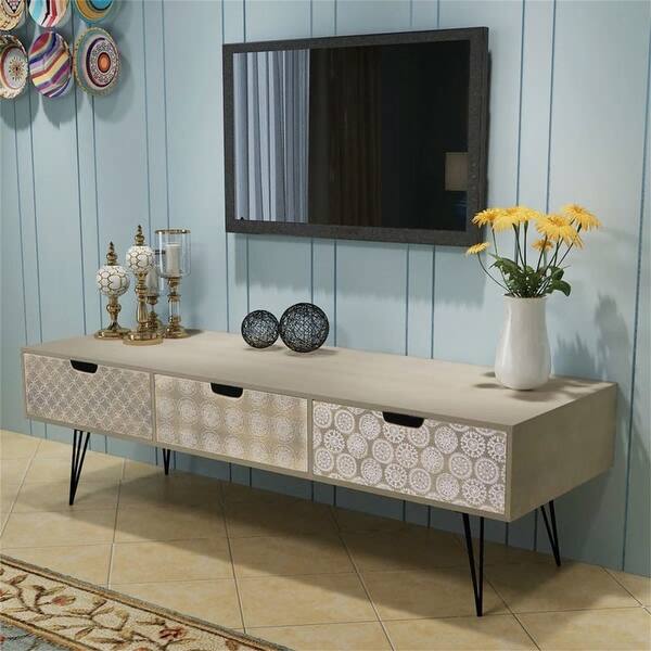 slide 1 of 4, Modern Living TV Stand with 3 Drawers,Gray storage Cabinet