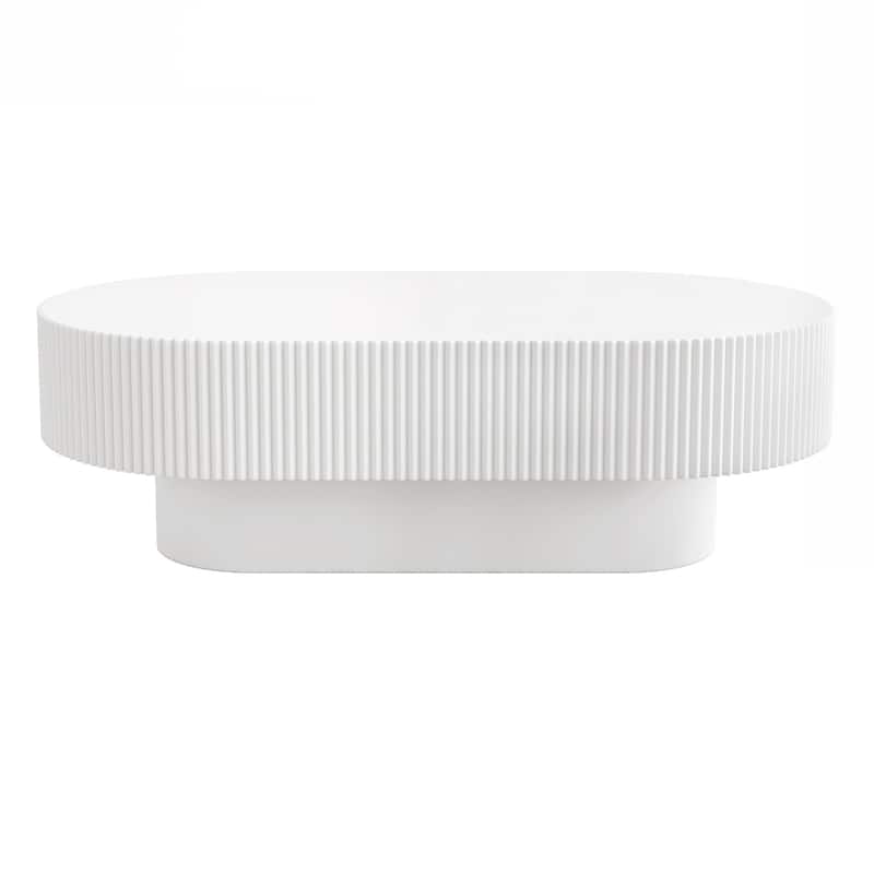 43.3"W Elegant Oval Coffee Table with 6.8"Thick Tabletop, Modern Cream Style Drum End Table, Minimalist Fluted Center Table