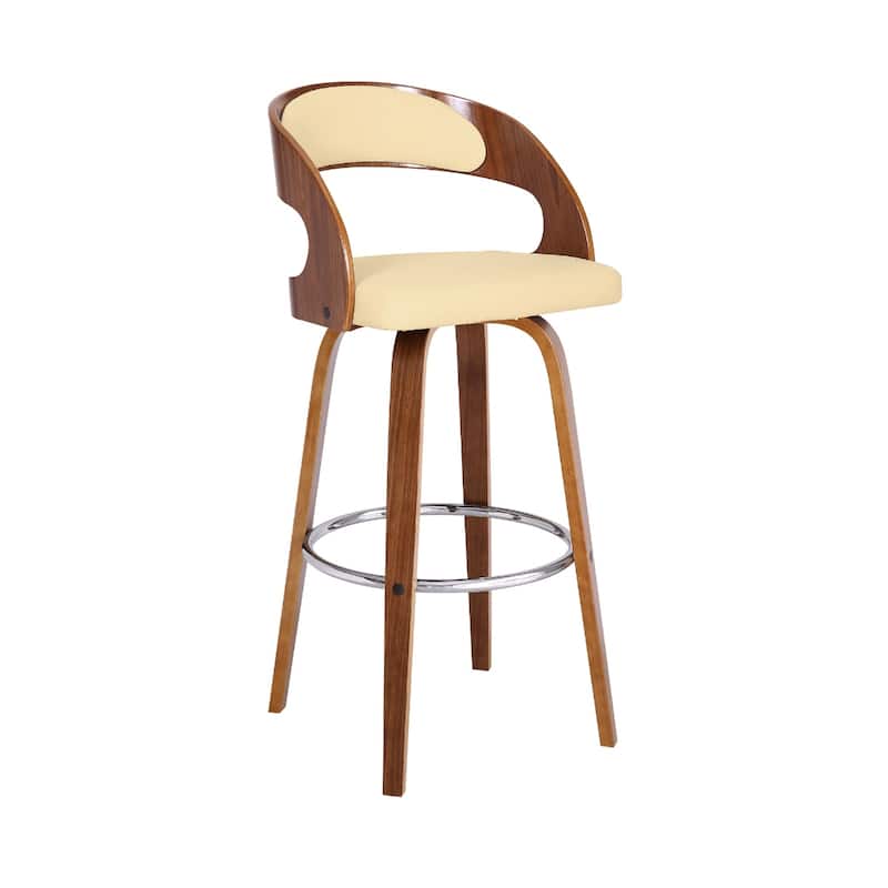 Cream Fabric Swivel Bar Height Chair with Brown Iron Frame and Footrest - 18” x 18” x 41” (D X W x H) - Cream