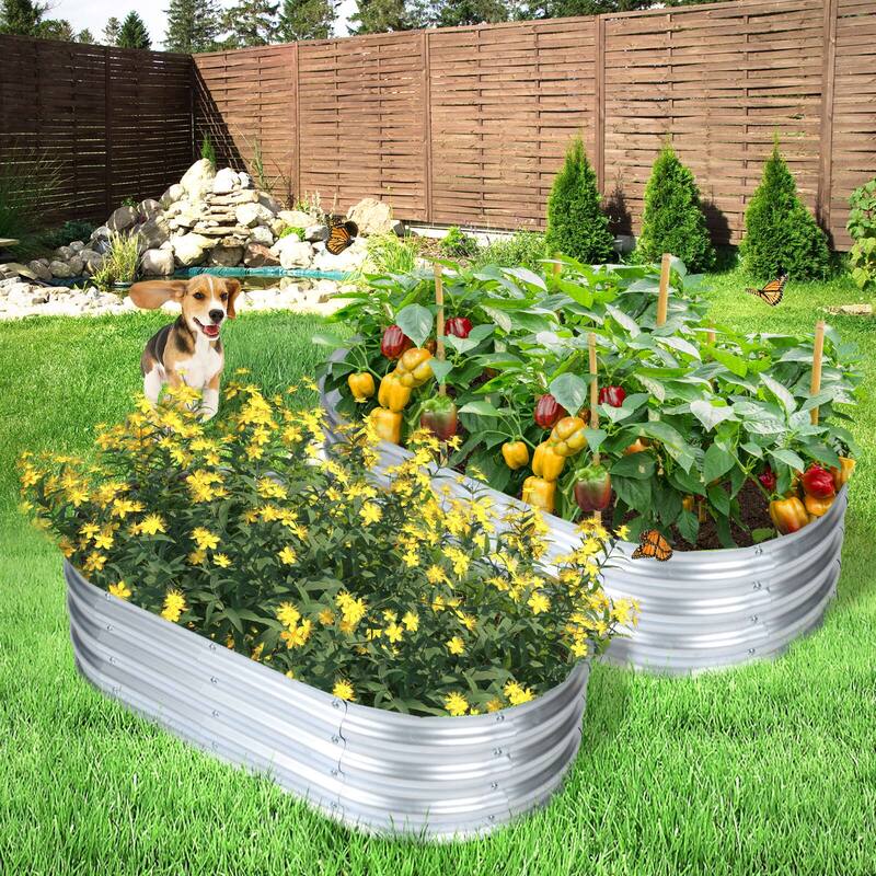 Aoodor 2 PCS Galvanized Raised Garden Bed Kit for Vegetables, Flowers, Herbs - Silver