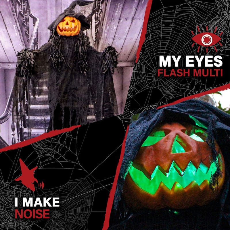 Haunted Hill Farm Life-Size Poseable Pumpkin Witch with Lights and Sound, Indoor/Covered Outdoor Halloween Decoration