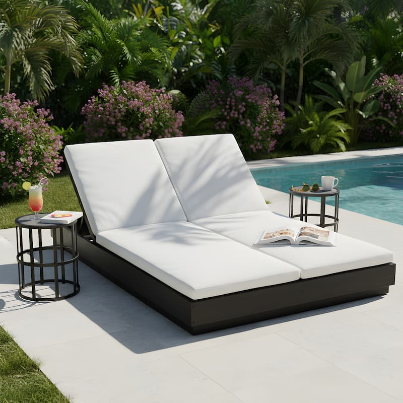 Christopher Knight Home - Outdoor Acacia Wood 5-Position Adjustable Double Sunlounge Set with 16.54" Ceramic Tile Side Table