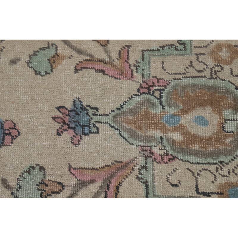 Floral Tabriz Persian Area Rug Oriental Hand-Knotted Beige Wool Carpet - 9'11"x 11'9"