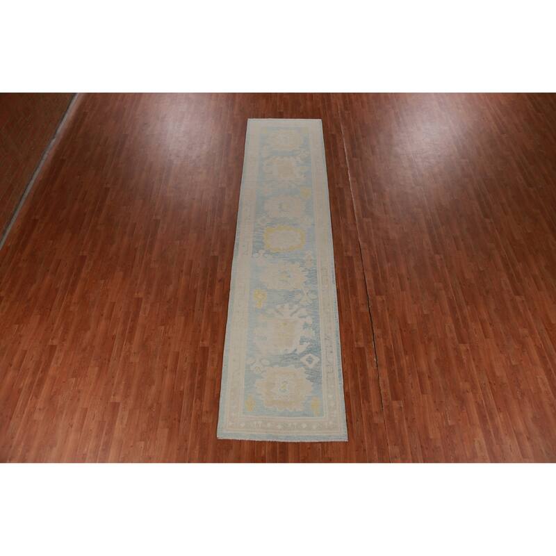Hand Knotted Oriental 100% Wool Carpet Transitional Floral Navy Blue & Blues Oushak Runner Rug - 13' 6'' X 3' 4''