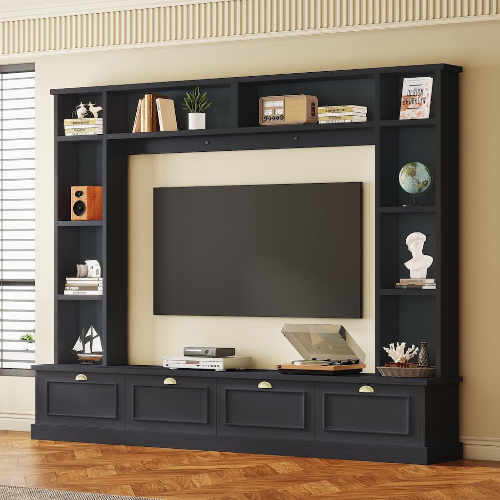 Large Wall Unit for TVs Up to 78", Wood TV Console with Cabinets and Open Shelves, TV Stand with Bookshelves for Living Room