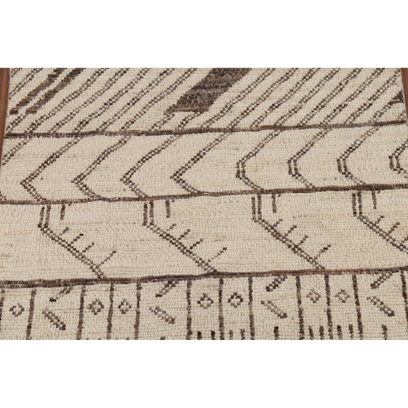 Geometric Ivory Moroccan Oriental Runner Rug Hand-Knotted Wool Carpet - 3'10"x 12'7"