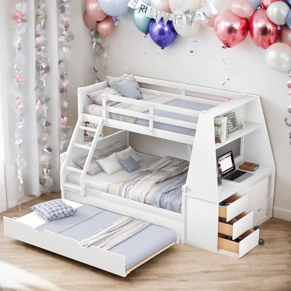 slide 2 of 10, Twin over Full Bunk Bed with Trundle and Built-in Desk, Three Storage Drawers and Shelf,Storage Space,Easy Assembly,Gray White - Twin