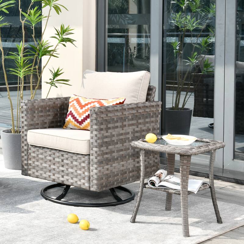 OVIOS 2-piece Swivel Rocking Wicker Chair Side Table Conversation Set - Beige.