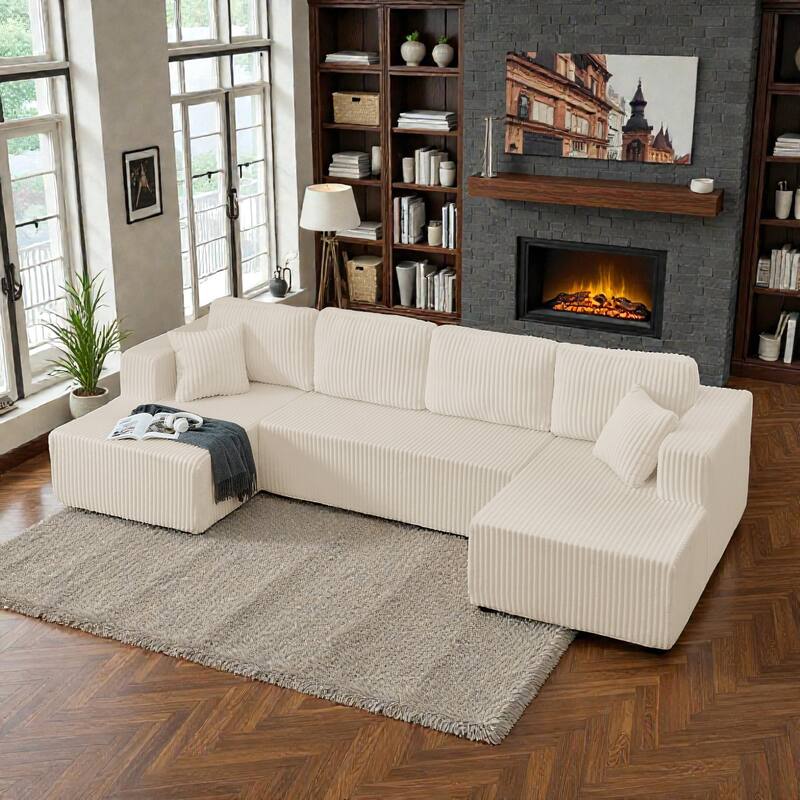 U Shaped Modular Sectional Sofa, Modern Minimalist Corduroy Compressed Couch, Sleeper Sofa for Living Room - Beige