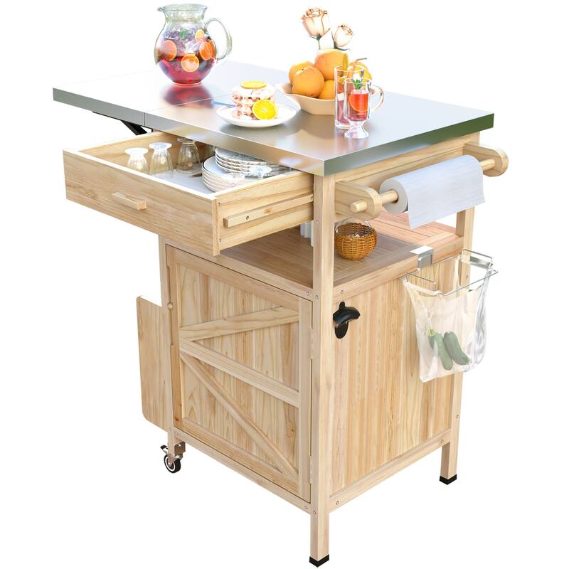 40.5" Outdoor Grill Cart with Stainless Steel Top, Drop Leaf, One Drawer, Towel Rack, Rolling Kitchen Cart with Lockable Wheels