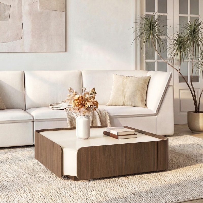 Spruce & Spring Modern Wood Coffee Table with Drawers