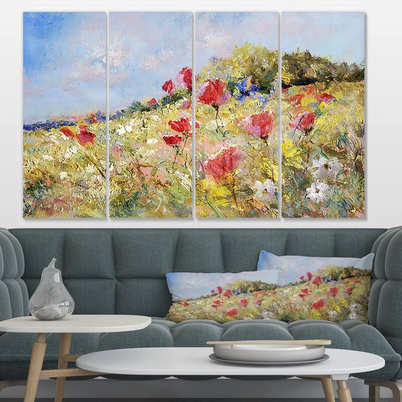 Designart 'Painted Poppies on Summer Meadow' Landscape Wall Metal Wall Art