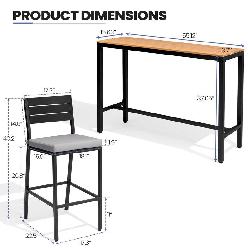 Outdoor 3-Piece Patio Bar Stools Set Rectangle Bar Table and Barstools with Cushion