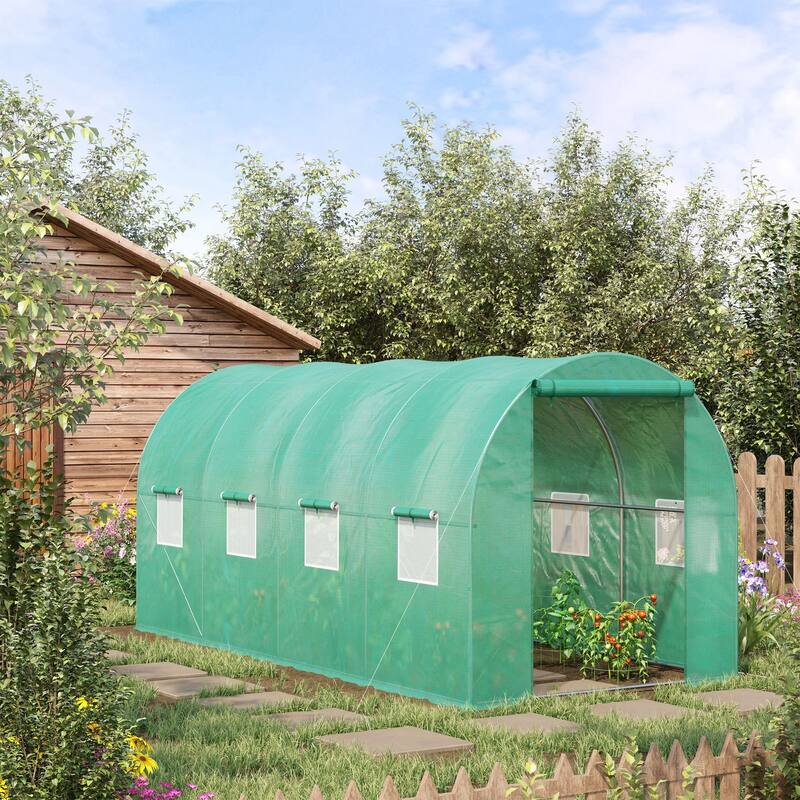 15' x 7' x 6.5' Walk-in Tunnel Hoop Greenhouse,Green House with Polyethylene PE Cover, Steel Frame,Roll-Up Zipper Door & Windows