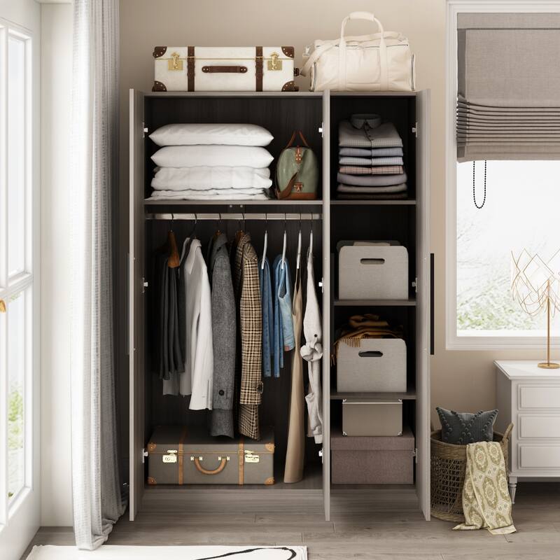 Wardrobe Armoire Wooden Closet Cabinet 6 Storage Cube and Hanging Rod