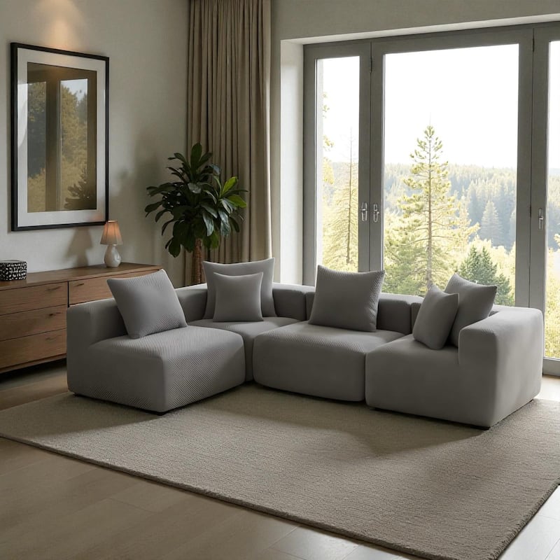 111" Modular Sectional Sofa with All-Foam Construction, Textured Upholstery and 6 Pillows, Low-Profile Couch for Living Room