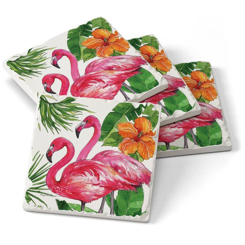 Counterart Absorbent Stone Coasters - Flamingo Tropical - Set of 4 - 4x4x1.222