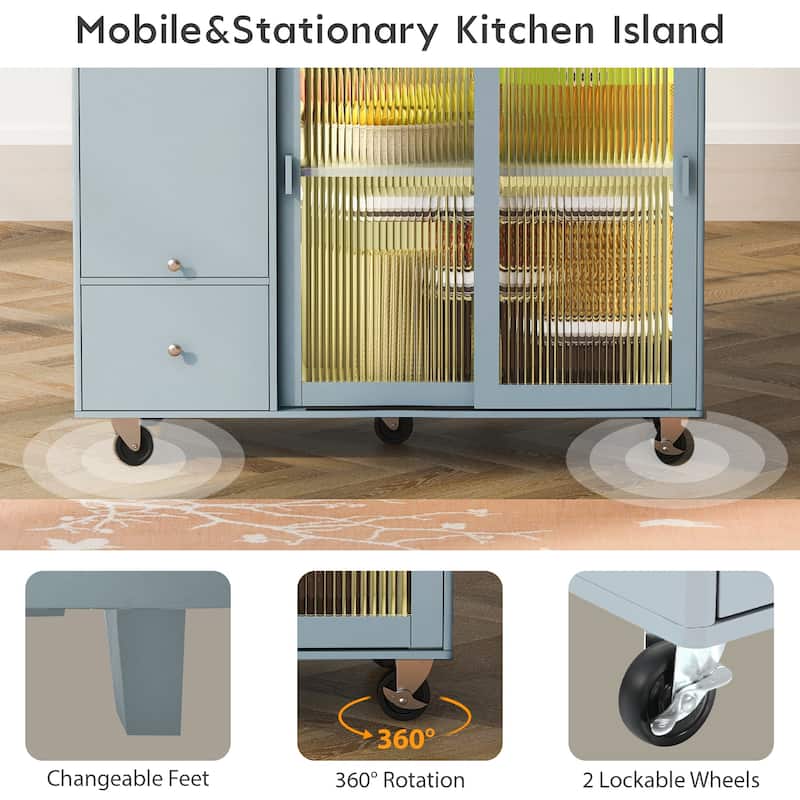 Fluted Glass Doors Kitchen Island with Drop Leaf and LED, Convertible Kitchen Cart on Wheels with Flip Cabinet Door, Grey Blue