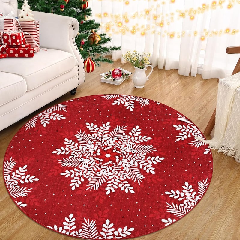 Christmas Snowflake Washable Area Rug, for Holiday Decor, Red - 4*4ft