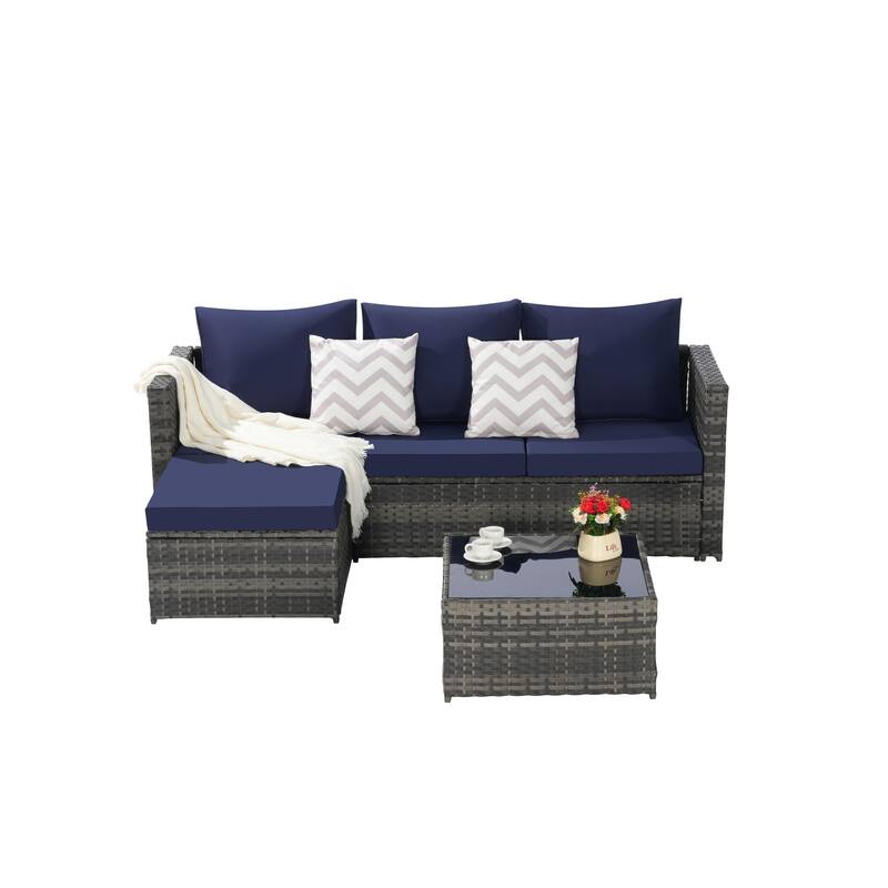 2-Pieces Outdoor Patio L-Shaped Sectional Sofa Set with Glass Coffee Table