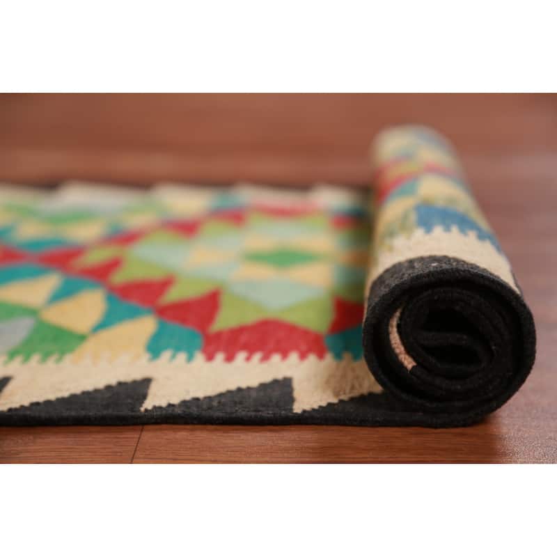 Hand Woven Oriental 100% Wool Carpet Southwestern Geometric Multi-Colored Kilim Runner Rug - 13' 0'' X 2' 8''