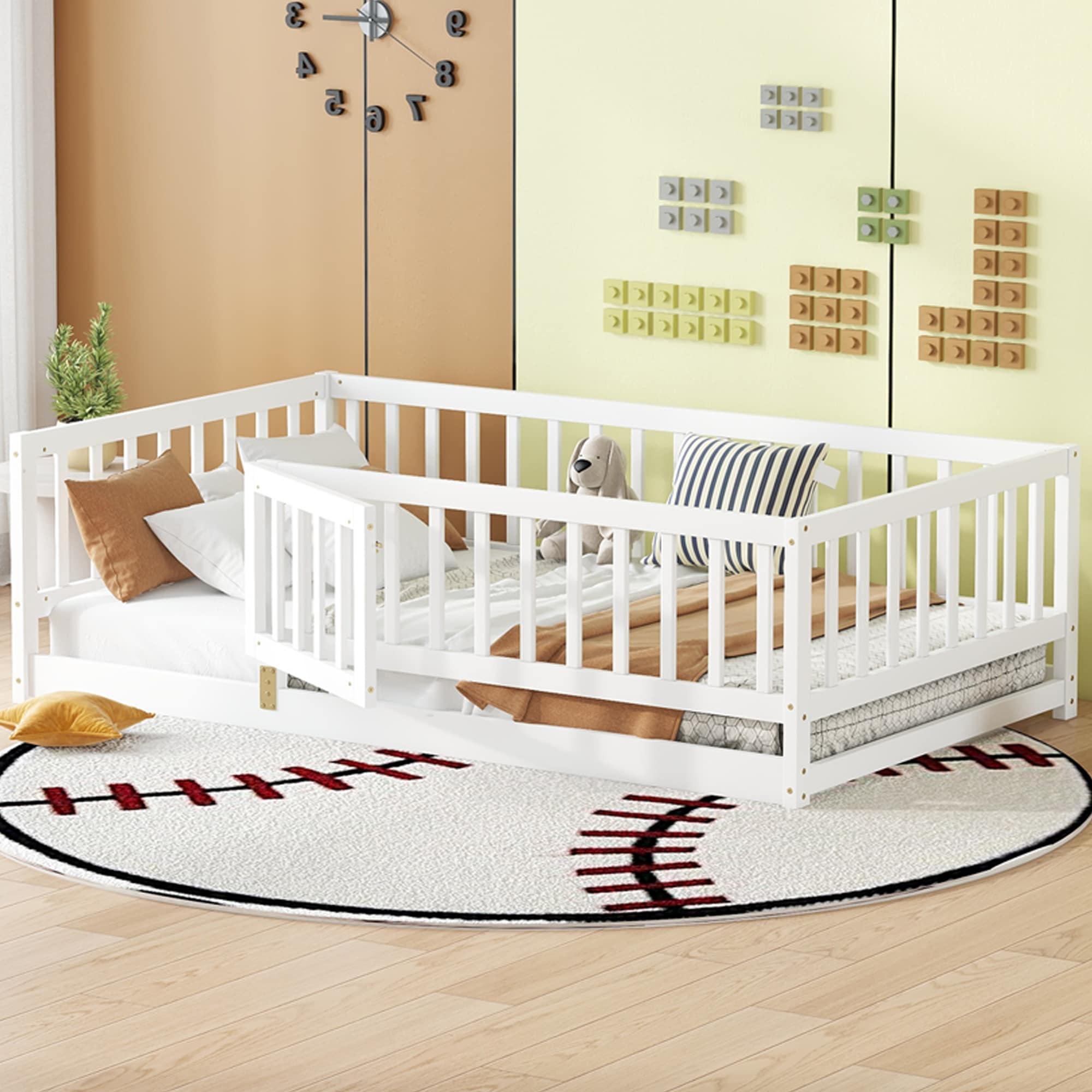 Twin Size Montessori Floor Bed with Fence, Door, Slat Support and Pine Frame, Space Saving Design for Kids