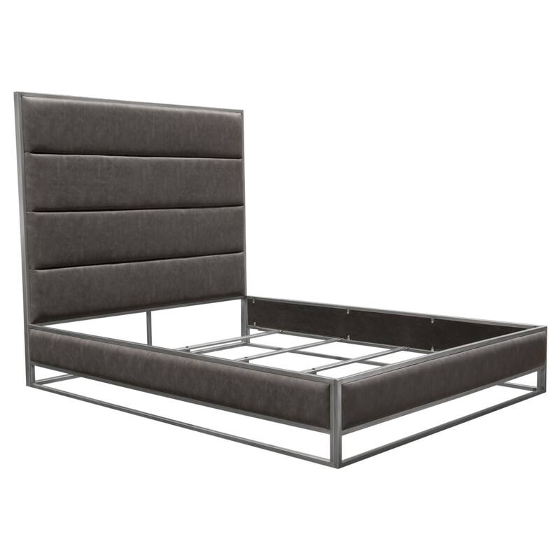Chek Queen Size Bed, Gray Faux Leather Upholstery w Silver Metal Frame