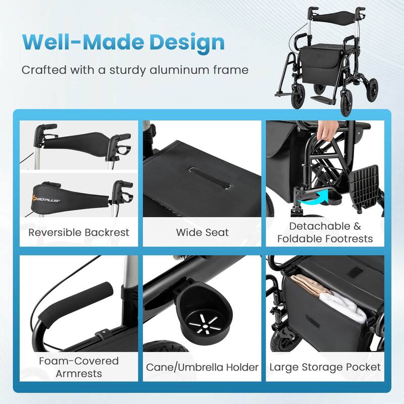 Goplus 2-in-1 Rollator Walker for Seniors with Seat 9" Pneumatic Tires - See Details