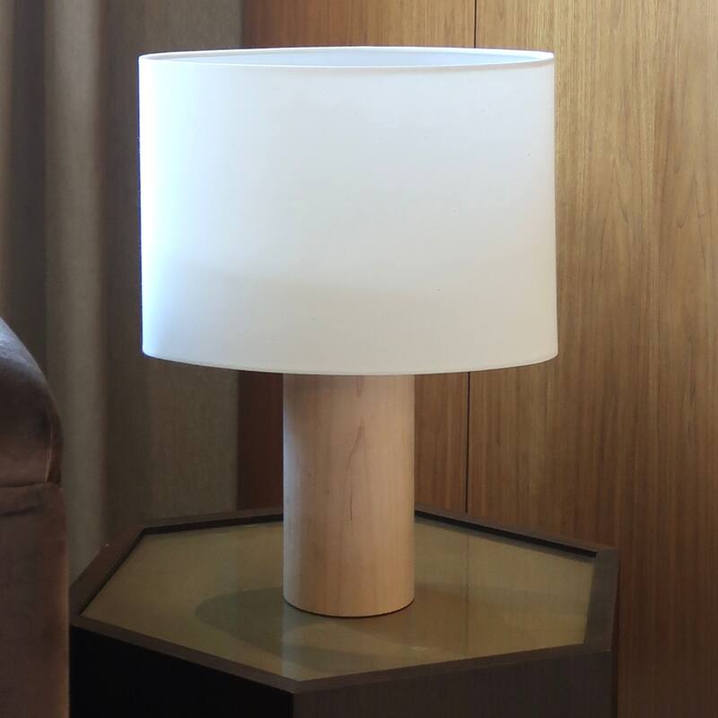 Brightech Mia 15.55 in. Polished Natural Wood Midcentury LED Standing Bedside Desk Table Lamp with Beige Cotton Drum Shade