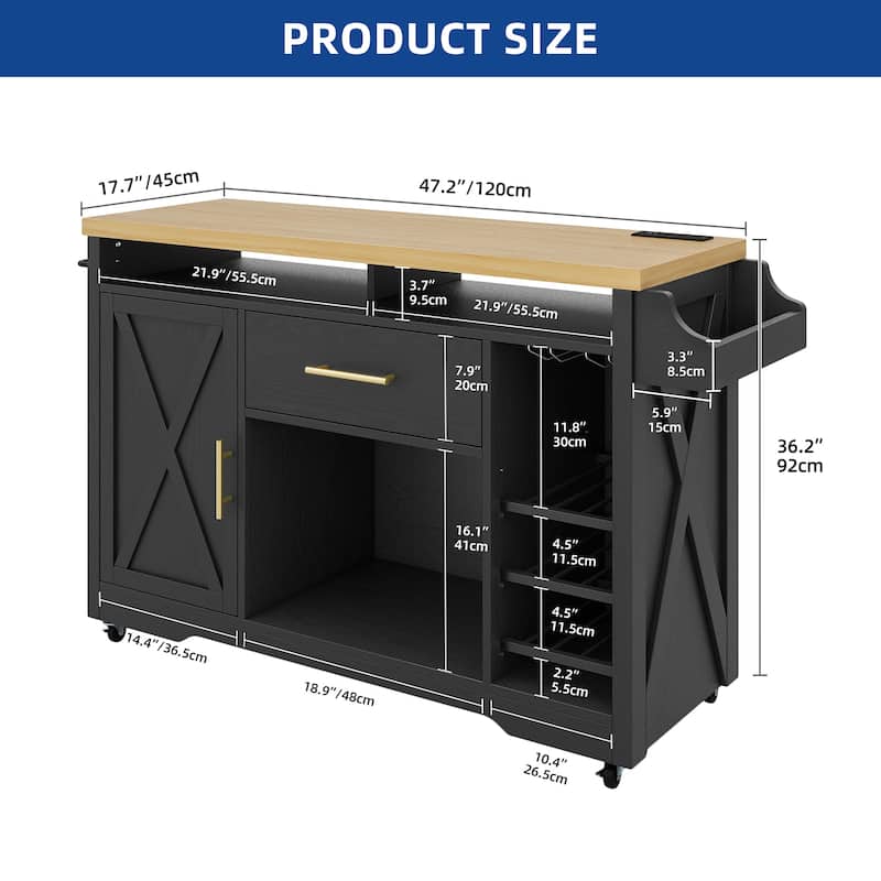 Moasis 47" Wide Mobile Kitchen Island Cart with Wine Storage Cabinet and Drawer&Power Outlet