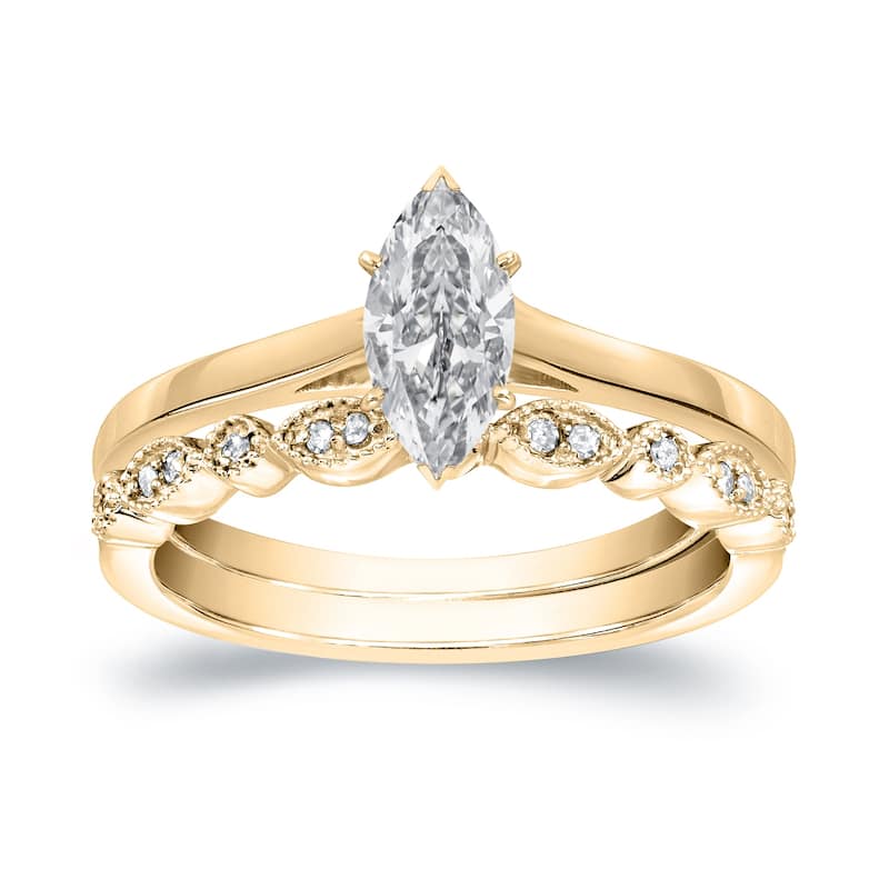 Auriya 14k Gold 1/2ctw Vintage Marquise-cut Solitaire Diamond Engagement Ring Set - Yellow - 5.5