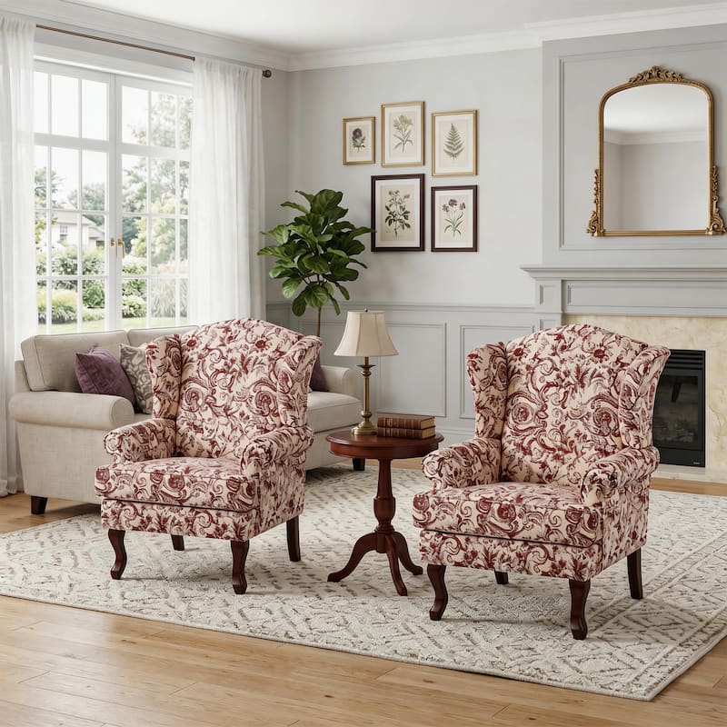 2 Set Traditional Rolled Arm Wing Back Accent Chair - Rcoco Orange-Chenille