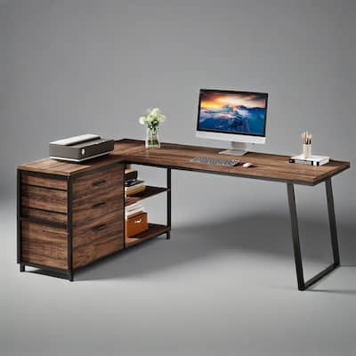 Reversible Corner L-Shaped Office Desk with 3 Drawers and 2-Tier Storage Shelves for Home Use
