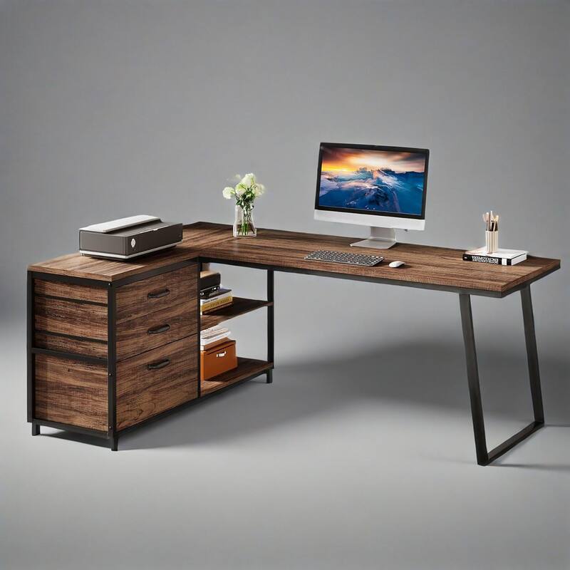 Reversible Corner L-Shaped Office Desk with 3 Drawers and 2-Tier Storage Shelves for Home Use