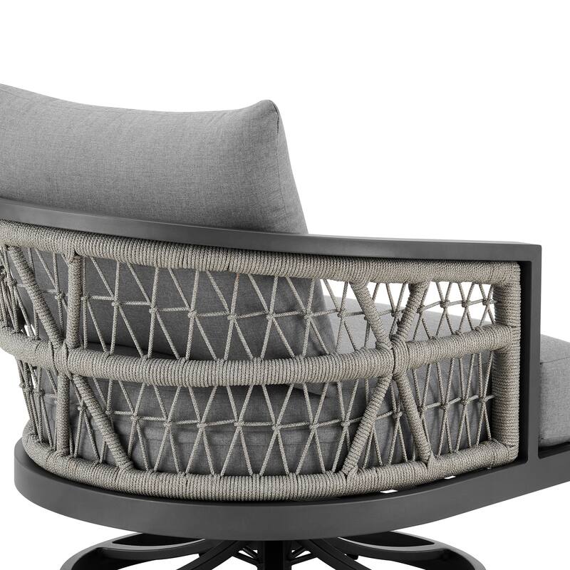 Zella Gray Rope and Aluminum All Weather Swivel Outdoor Patio Arm Chair with Gray Cushions