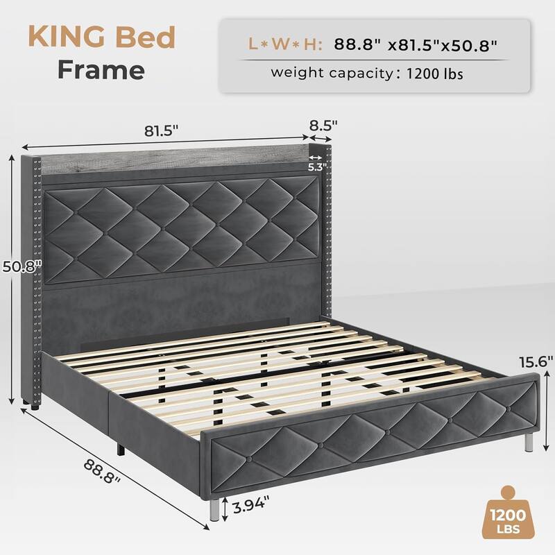 LED Bed Frame with 51.2" Tall Headboard Charging Station