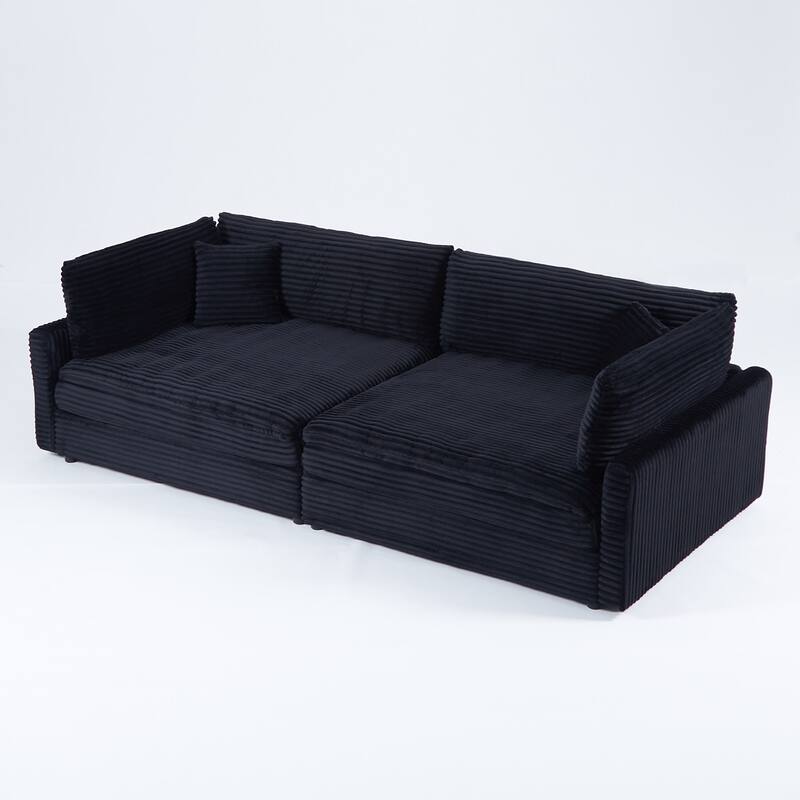 112-inch Black Corduroy Sofa with 2 Throw Pillows for Versatile Home Styles