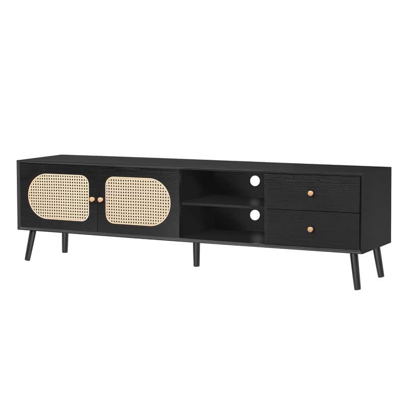 Mid Century Modern Entertainment Center with Rattan Doors, 2 Drawers, and Open Shelf