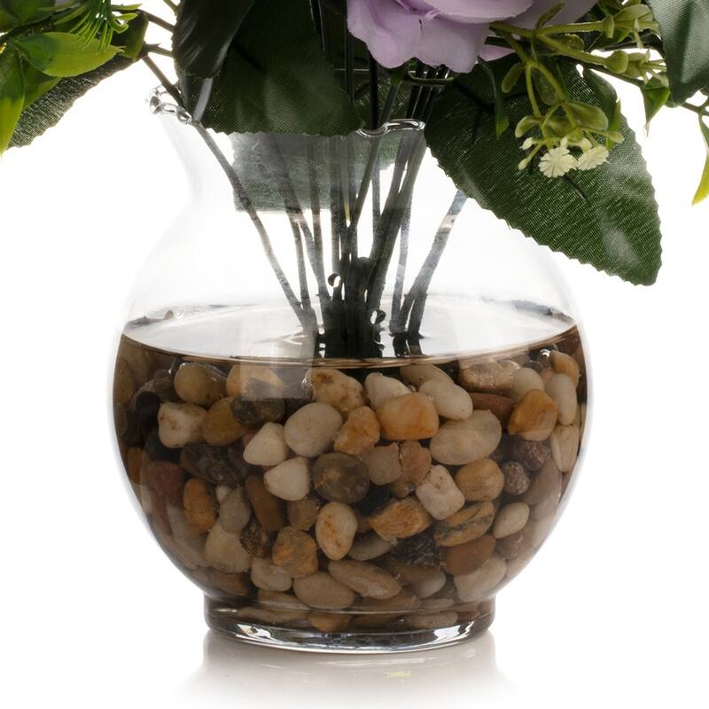18 Heads Silk Rose Flower in Clear Glass Vase With Faux Water and River Stone for Home Decor, Wedding Table