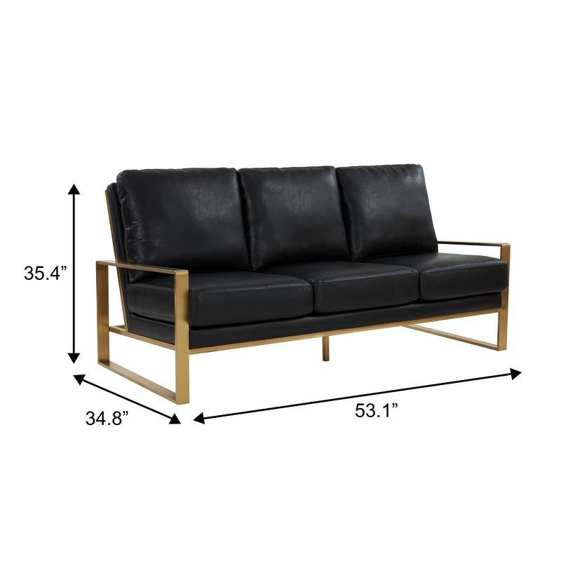 Jefferson Modern Leather Upholstered 3 Seater Loveseat Sofa Chair in Brushed Gold Steel Base with Armrest Removable Cushion