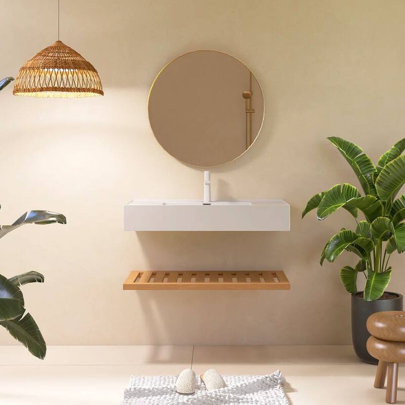Wall-Mounted Bathroom Vanity in Natural Wood with White Integrated Acrylic Sink