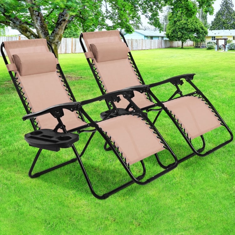 2 Pieces Folding Lounge Chair with Zero Gravity - 40"-57" x 25" x 34"-42.5"(L x W x H) - Beige