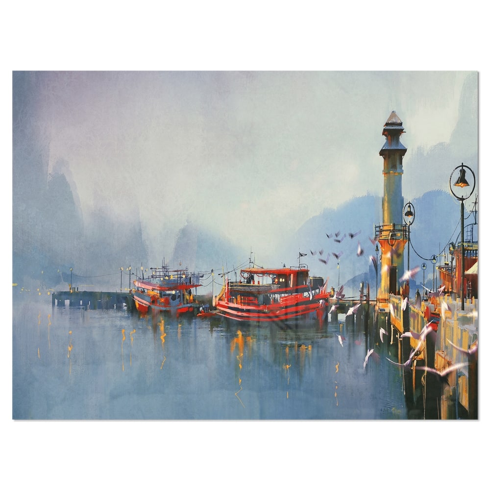 Designart 'Fishing Boats in Harbor' Landscape Metal Wall Art