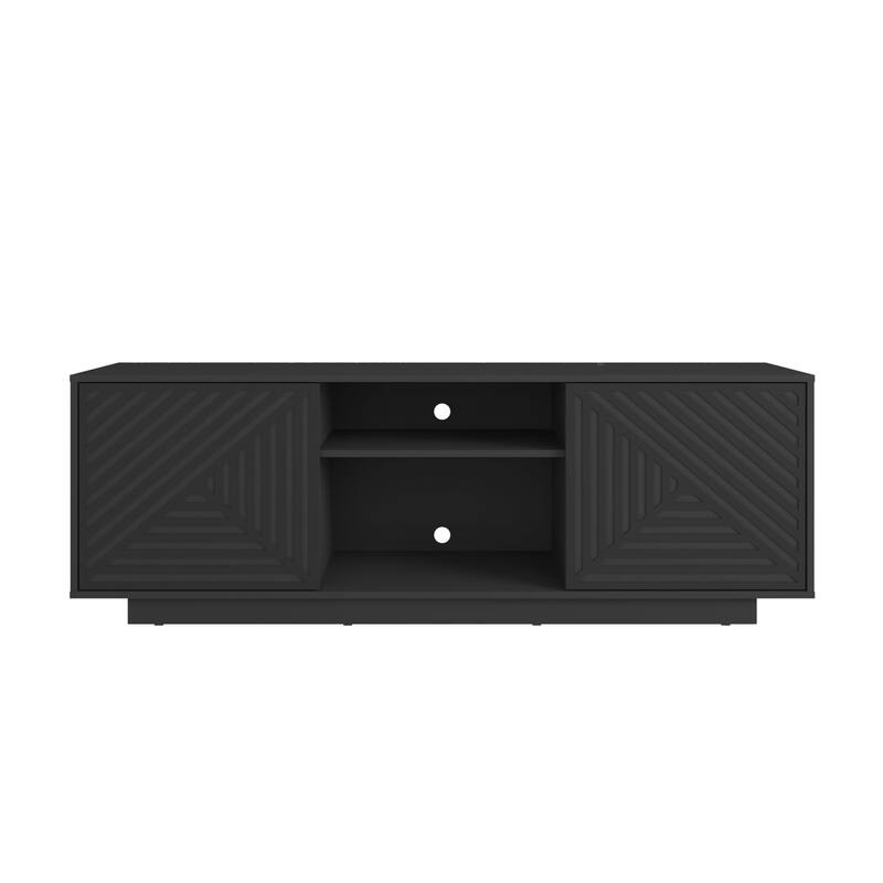 63" Modern TV Stand with Storage for 70" TV, Stylish Patterned Doors, Black & Oak Finishes, Cable Management Console