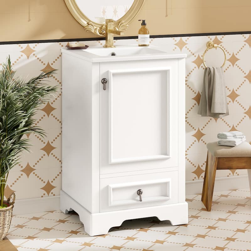 20 Inch Bathroom Vanity With Ceramic Sink, Soft Close Door, Adjustable U-Shaped Shelf, Compartment Drawer And Door Storage Rack