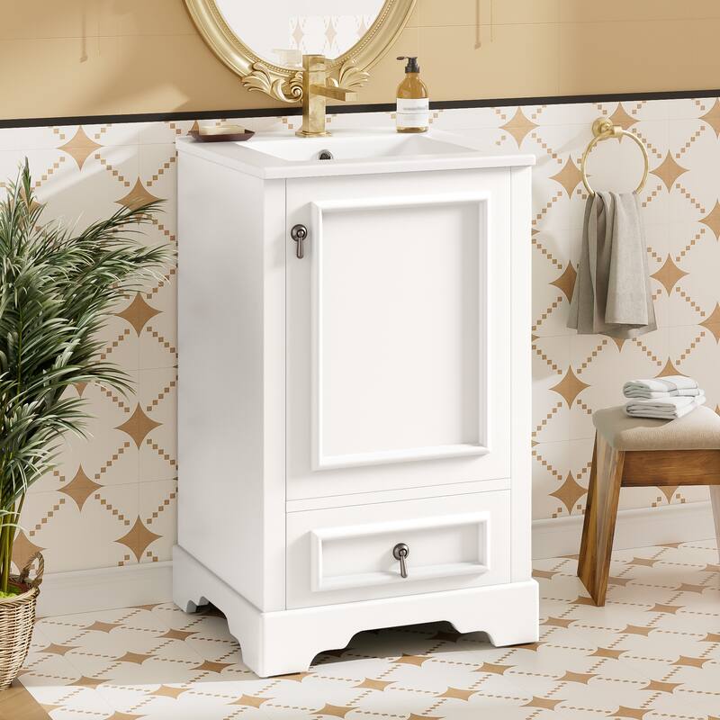 GDFStudio - Lisa 20" Bathroom Vanity with Ceramic Sink, Soft-Close Door & Storage Rack - 1 drawer - White