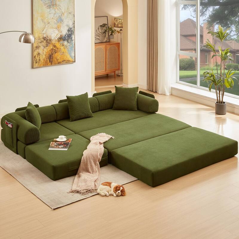 107'' L-Shaped 7-in-1 Corduroy Modular Sectional Sofa Bed, 4-Seat, Green
