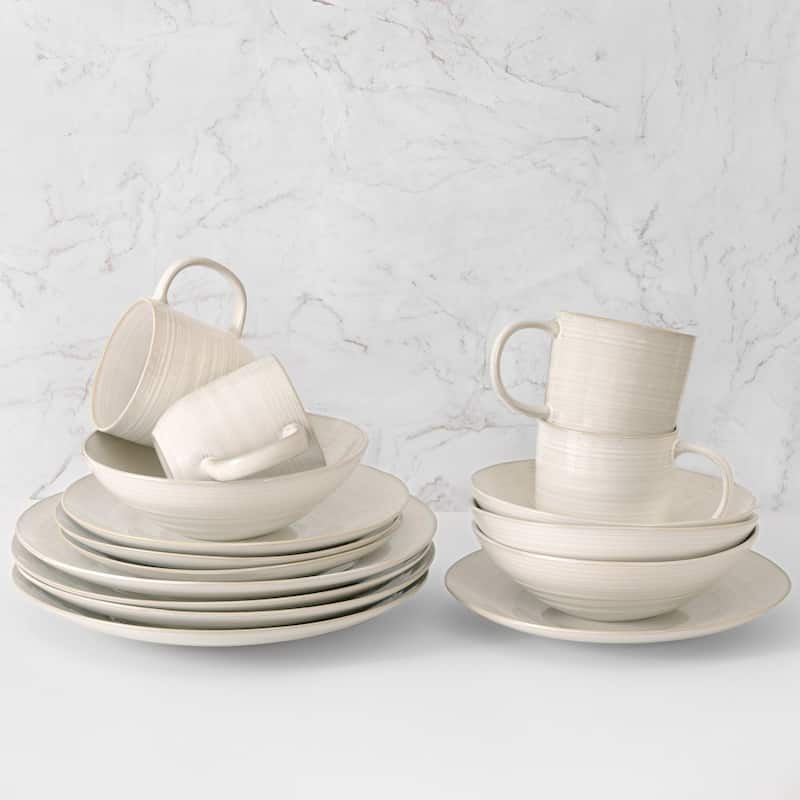 Euro Ceramica Neree 12 / 16 / 20 / 24 Piece Reactive Glaze Stoneware Dinnerware Set - Ivory - Service for 4 - 16 Piece - Mugs Assorted